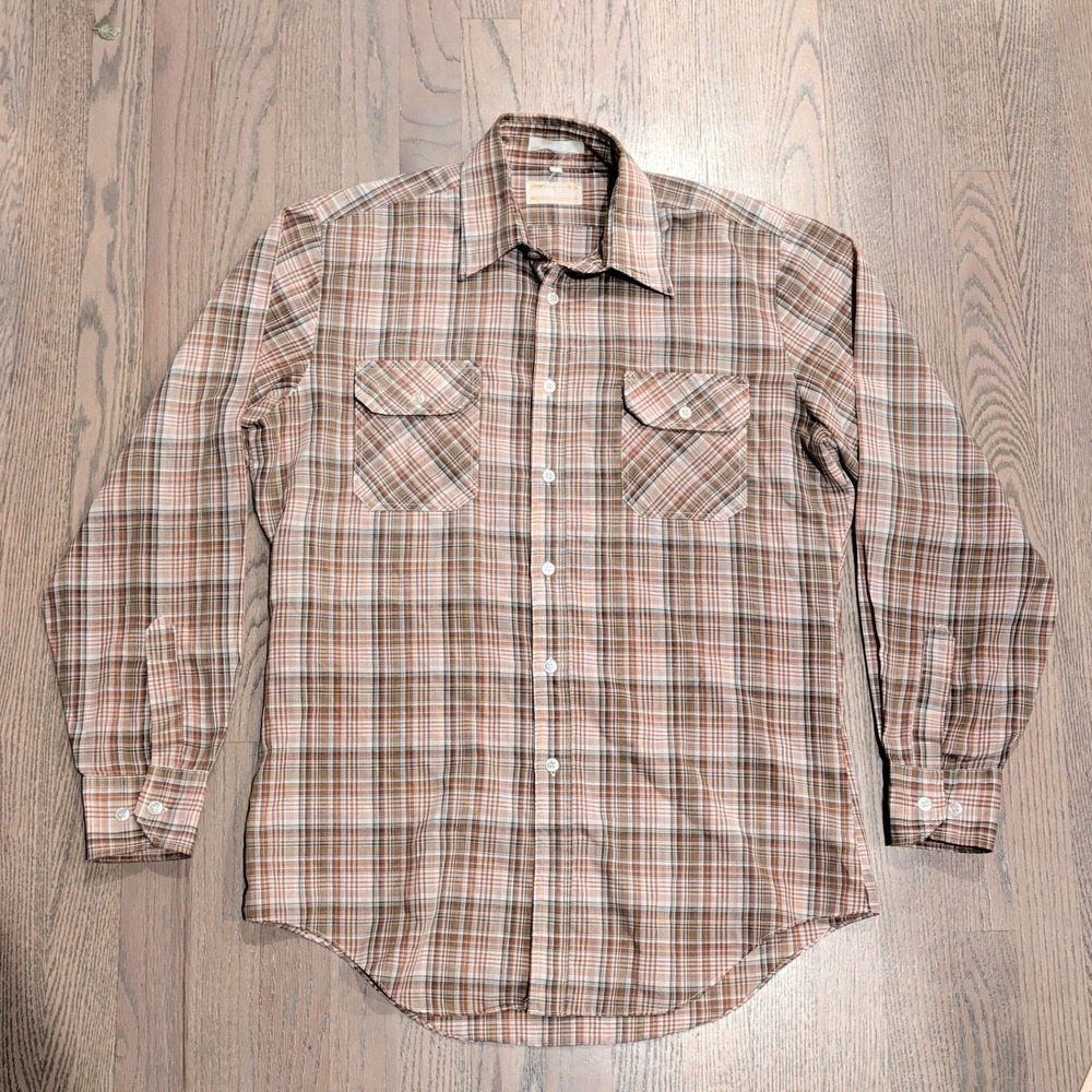 Vintage Mervyns Mens Collection Brown Gingham Plaid Button Down Shirt Size M 70s